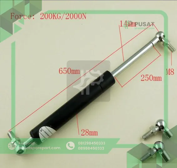 250mm Stroke200kg/2000n Force Auto Gas Spring Damper Ball Gas Strut - gambar 2